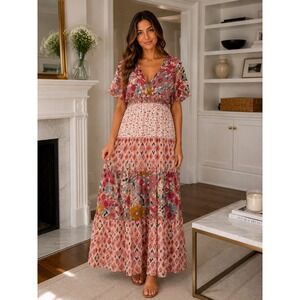 BIBI Mixed Floral Print Tiered Maxi Dress Pink Boho V-Neck Small NWT